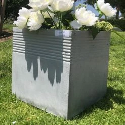 DurX-litecrete 15.00 in. Light Grey Lightweight Concrete Square Stripped Medium Planter -Outlet Vasesource Store light grey durx litecrete plant pots yf 0128b c80021 40 1000