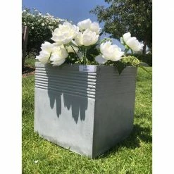 DurX-litecrete 15.00 in. Light Grey Lightweight Concrete Square Stripped Medium Planter -Outlet Vasesource Store light grey durx litecrete plant pots yf 0128b c80021 66 1000