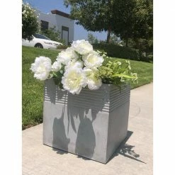 DurX-litecrete 15.00 in. Light Grey Lightweight Concrete Square Stripped Medium Planter -Outlet Vasesource Store light grey durx litecrete plant pots yf 0128b c80021 fa 1000