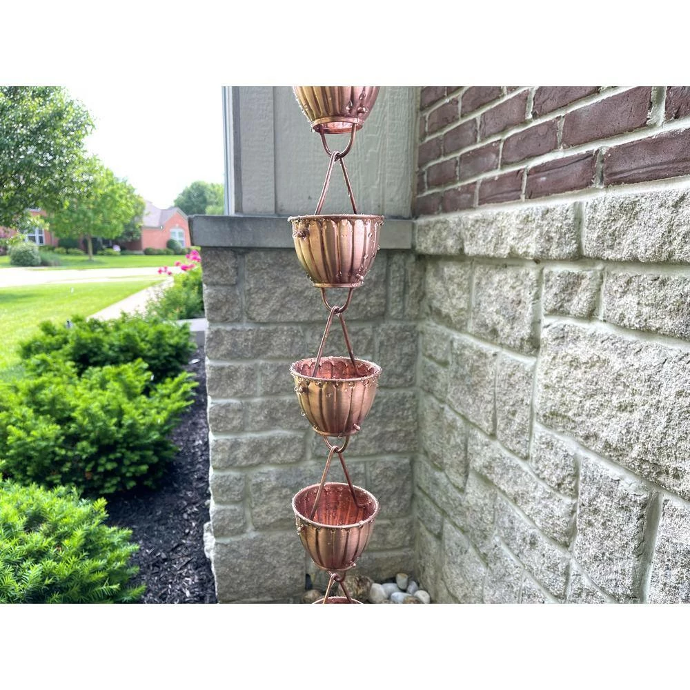 U-nitt 8.5 ft. Pure Copper Ribbed Bowl Rain Chain 4 U-nitt 8.5 ft. Pure Copper Ribbed Bowl Rain Chain - Image 2